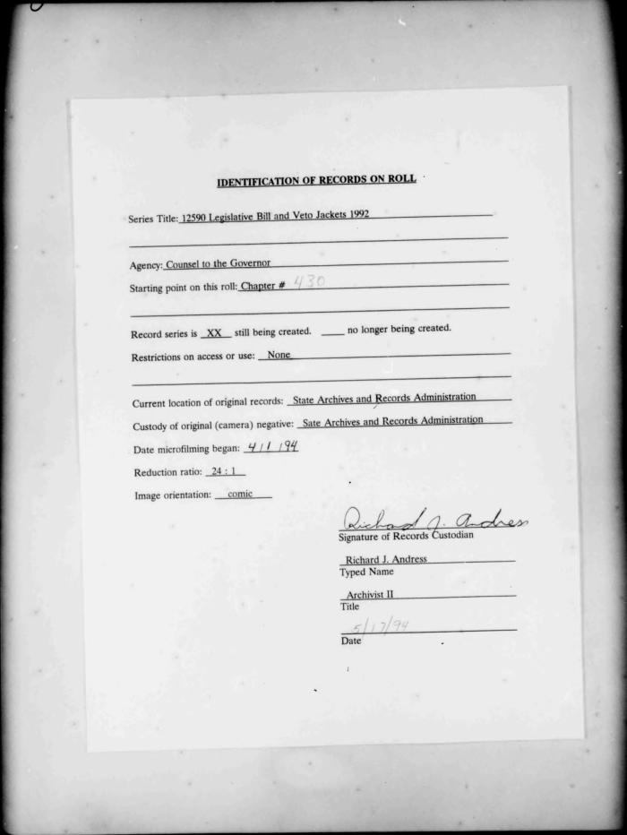 NYS Bill and Veto Jackets: 1992, Chapter 430