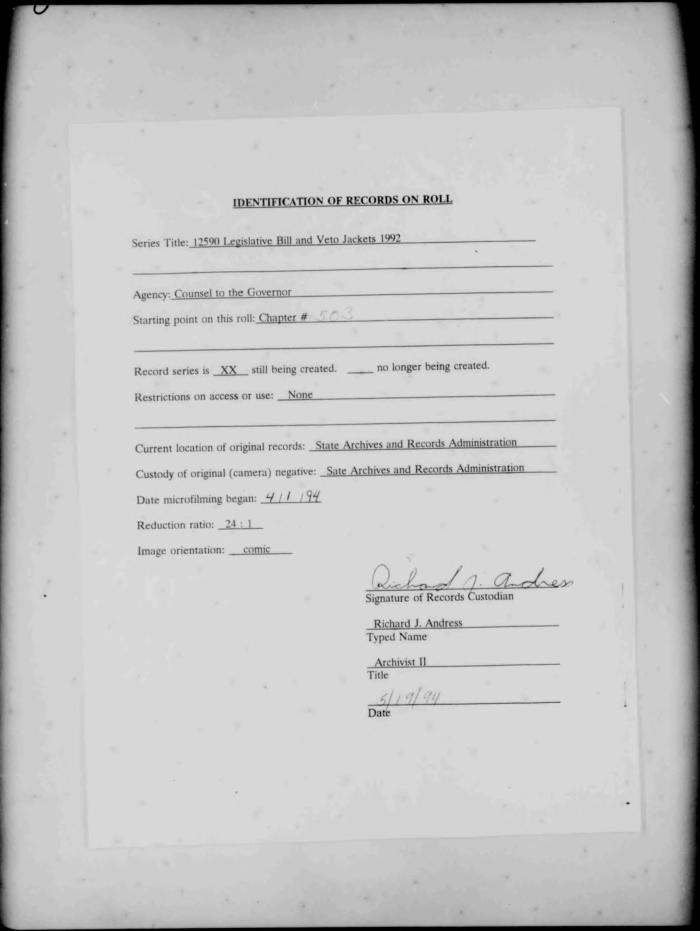 NYS Bill and Veto Jackets: 1992, Chapter 503