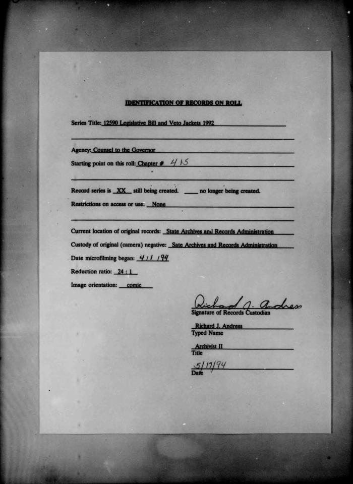 NYS Bill and Veto Jackets: 1992, Chapter 415