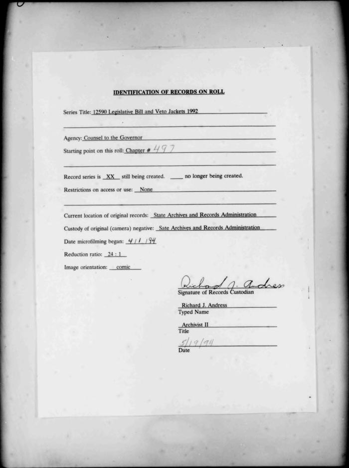 NYS Bill and Veto Jackets: 1992, Chapter 497