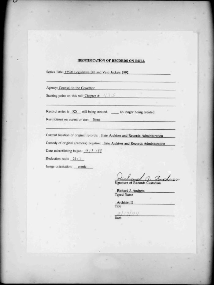 NYS Bill and Veto Jackets: 1992, Chapter 435