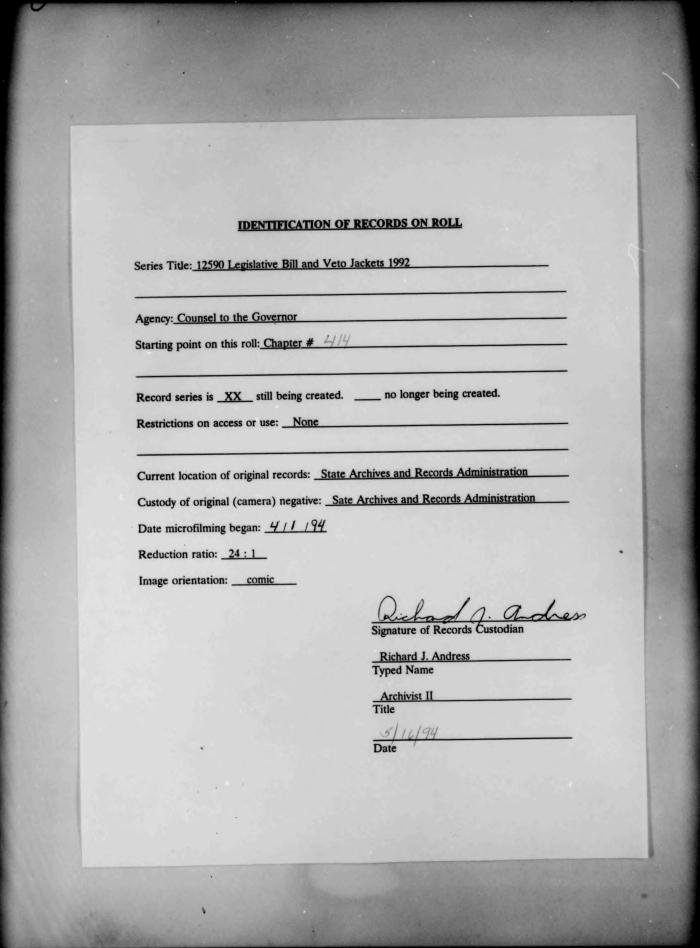 NYS Bill and Veto Jackets: 1992, Chapter 414