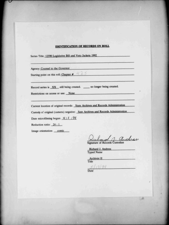 NYS Bill and Veto Jackets: 1992, Chapter 425