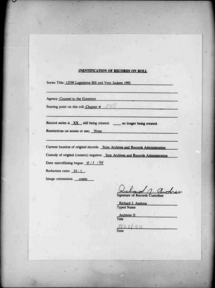 NYS Bill and Veto Jackets: 1992, Chapter 540