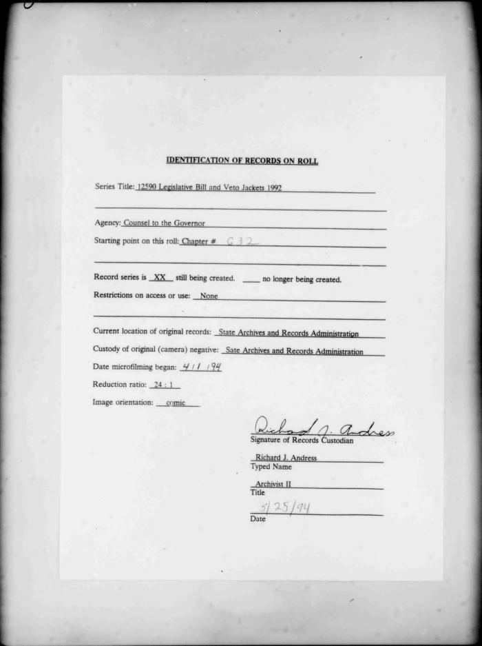 NYS Bill and Veto Jackets: 1992, Chapter 632