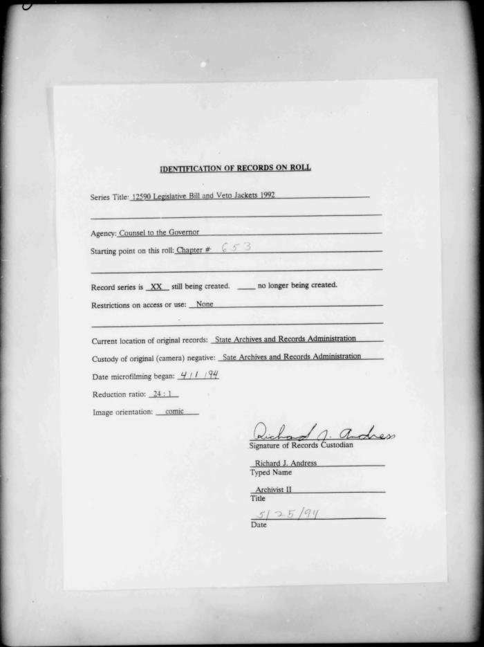 NYS Bill and Veto Jackets: 1992, Chapter 653