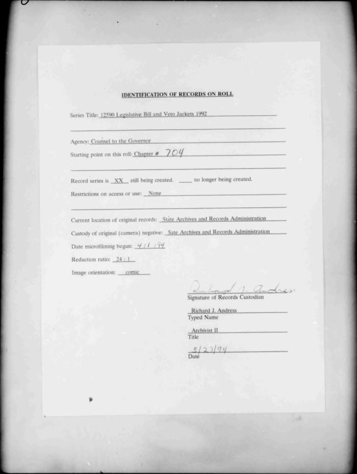 NYS Bill and Veto Jackets: 1992, Chapter 704