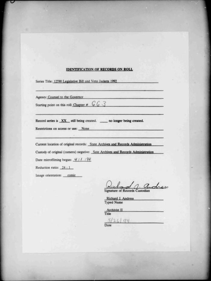 NYS Bill and Veto Jackets: 1992, Chapter 663