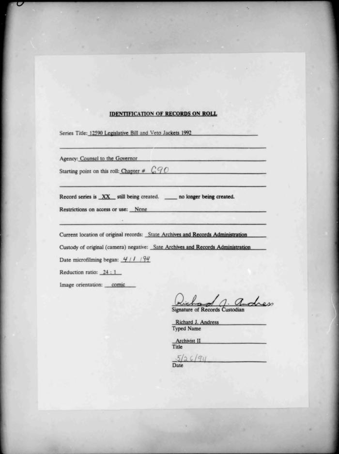 NYS Bill and Veto Jackets: 1992, Chapter 690