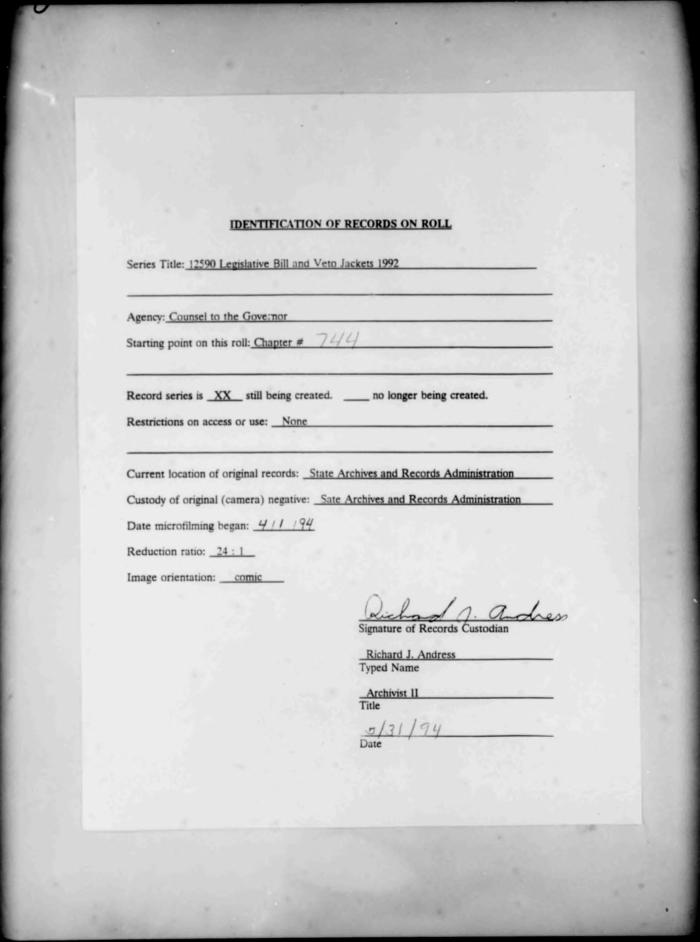 NYS Bill and Veto Jackets: 1992, Chapter 744