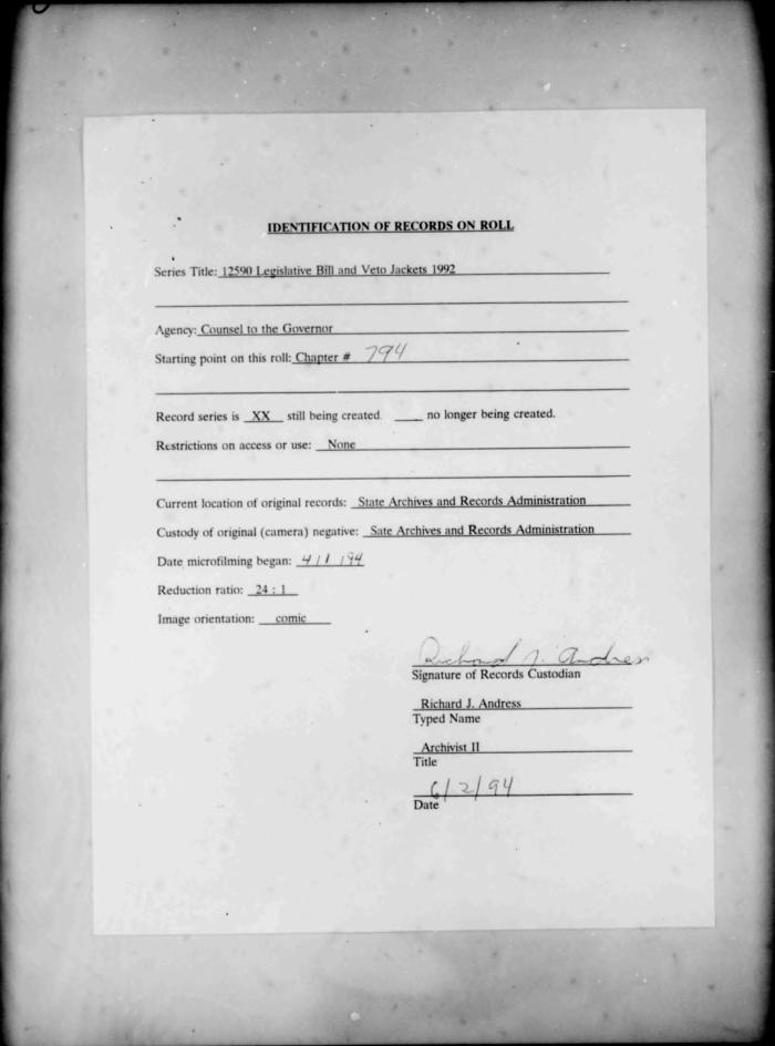 NYS Bill and Veto Jackets: 1992, Chapter 794