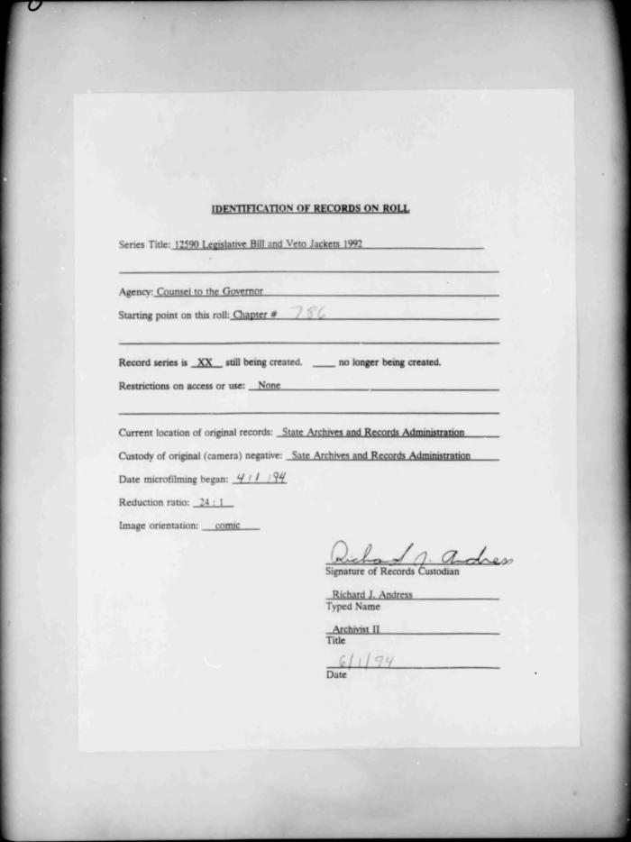 NYS Bill and Veto Jackets: 1992, Chapter 786