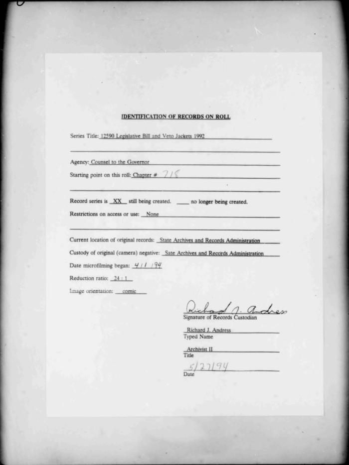 NYS Bill and Veto Jackets: 1992, Chapter 718
