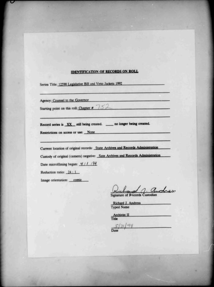 NYS Bill and Veto Jackets: 1992, Chapter 752