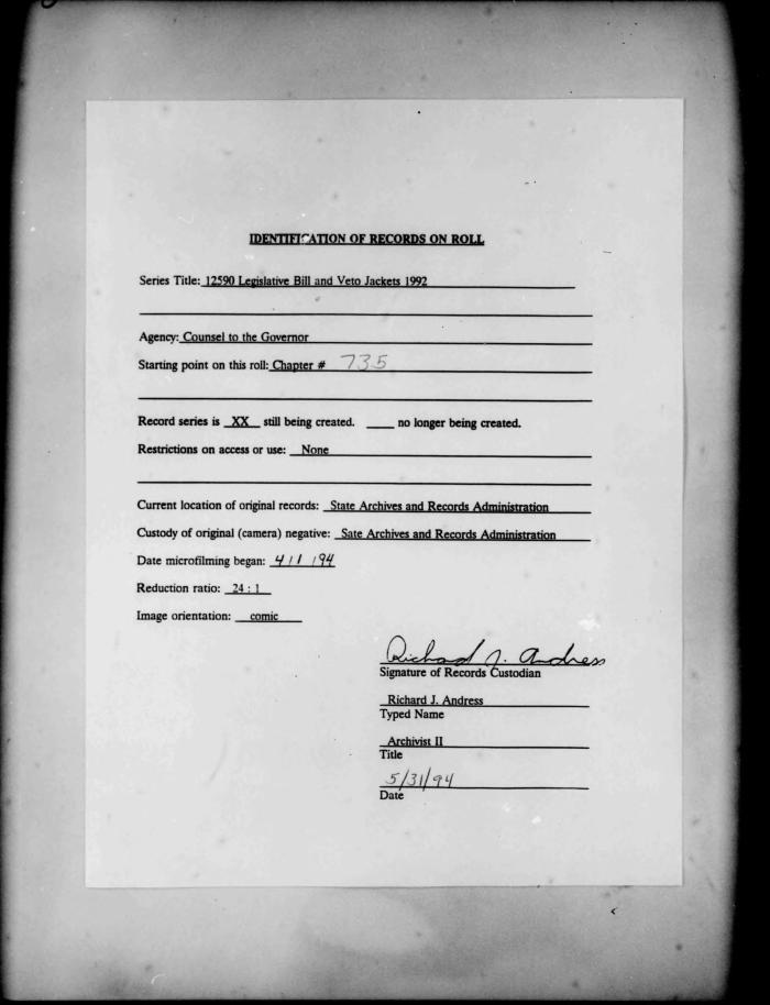 NYS Bill and Veto Jackets: 1992, Chapter 735