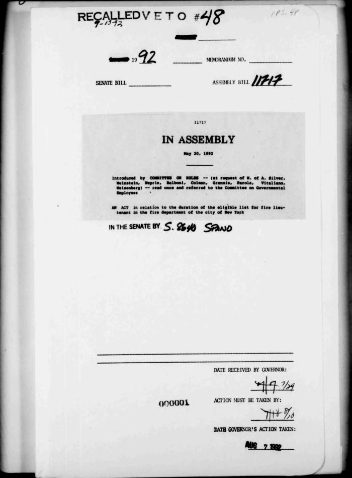 NYS Bill and Veto Jackets: 1992, Veto 48