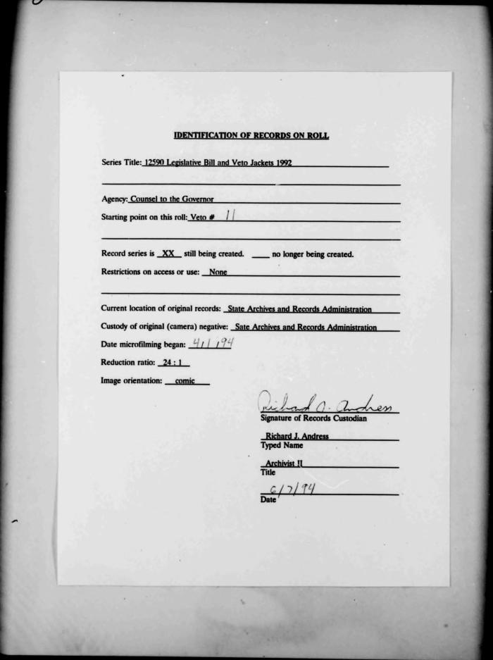 NYS Bill and Veto Jackets: 1992, Veto 11