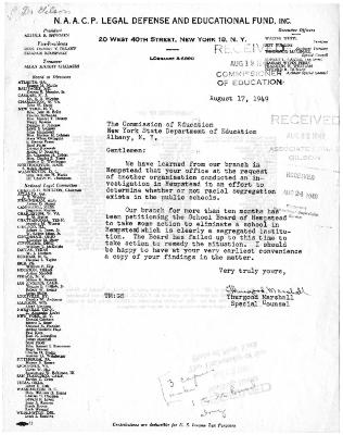 Letter from Thurgood Marshall to the Education Department regarding the investigation into Hempstead's public schools