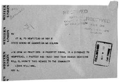 Telegram to Associate Education Commissioner regarding the Prospect School boundary appeal