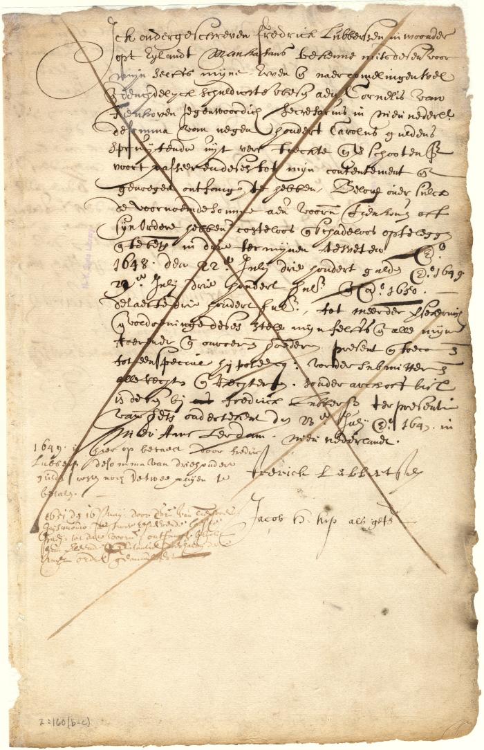 Bond of Fredrick Lubbertsen for the payment of money disbursed by Cornelis van Tienhoven