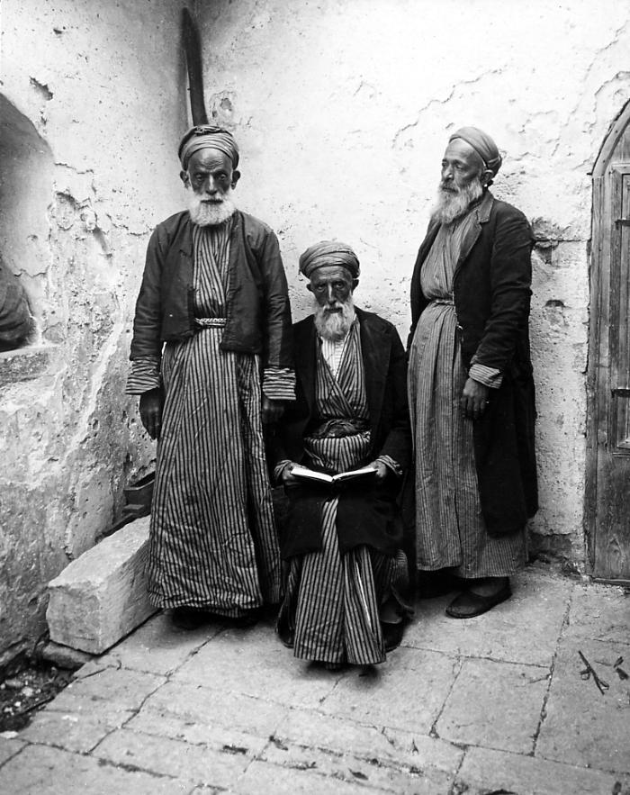 Syria.  Samaritan Priests in Open Court of the Samaritan Temple.  Nablus