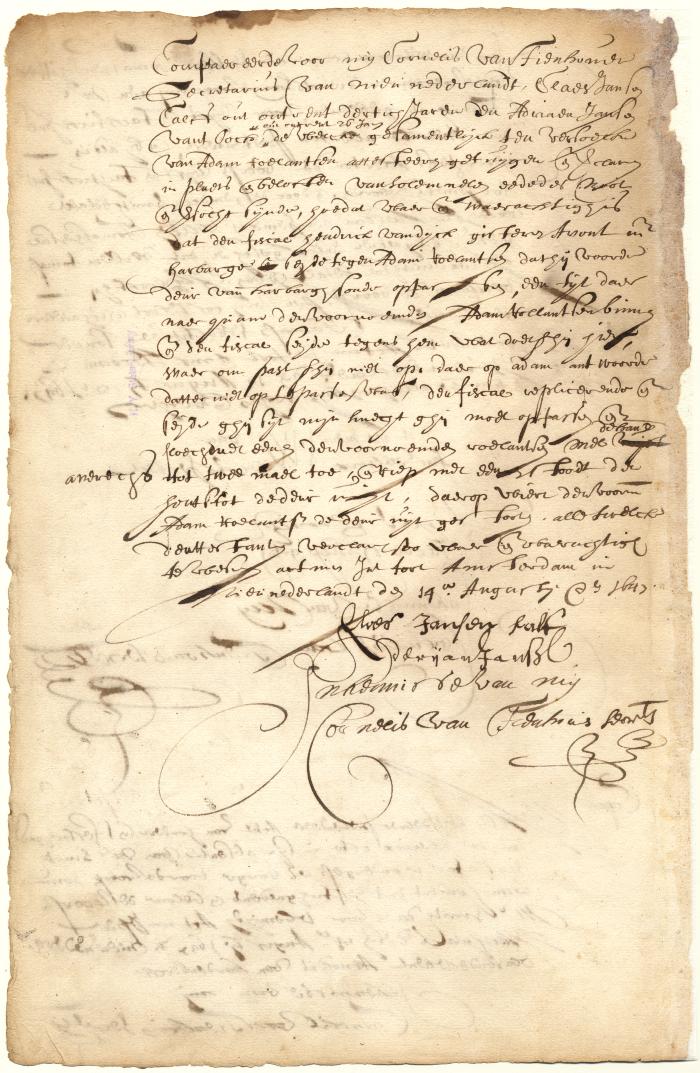 Declaration of Claes Jansen Kalf and Adriaen Jansen that Adam Roelantsen was thrown out of the tavern by order of Fiscal van Dyck