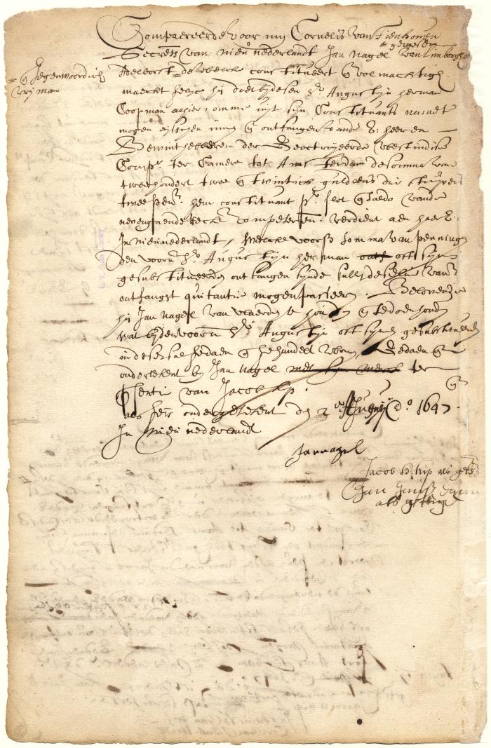 Power of attorney from Jan Nagel to Augustyn Herrman to collect wages earned by him as cadet in the service of the West India Company in New Netherland