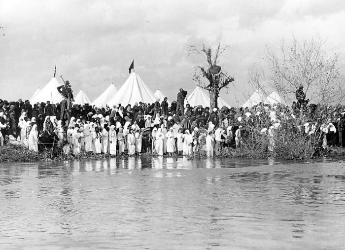 Syria.  Jordan River.  Crowd of Russian Pilgrims at the bathing Place.  South of Jericho