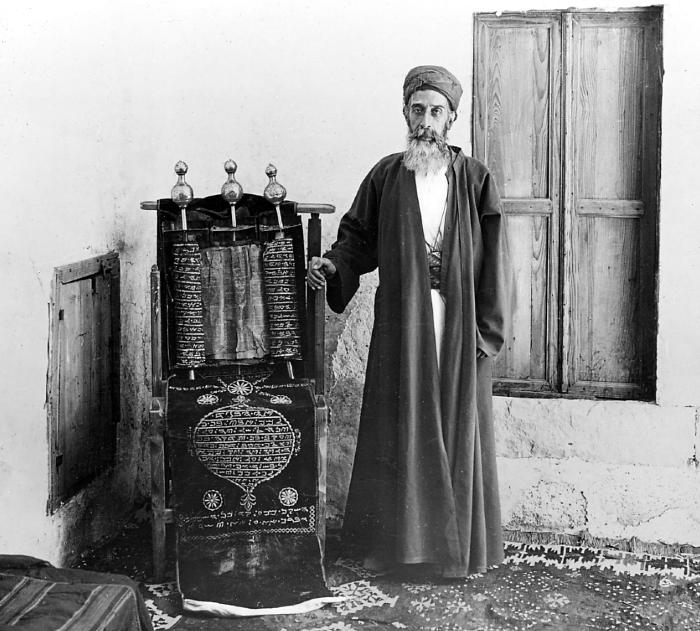 Syria.  Samaritan High Priest and Ancient Scroll of the Pentateuch.  Nablus