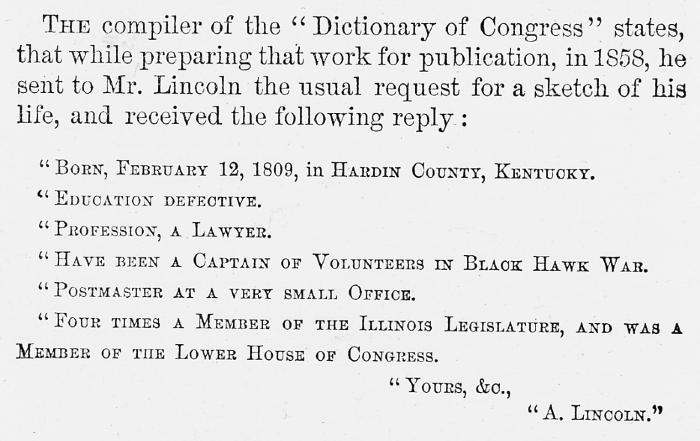 Abraham Lincoln. Sketch Of His Life in 1858