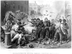 Civil War. Cartoon of Massachusetts Militia passing through Baltimore