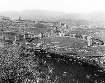 Syria.  Jerash  (Gerasa).  Extensive Roman Ruins, View North:  the Forum, Colonnade and Great Temple