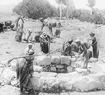 Syria.  Plain of Dothan.  Joseph's Well; Bedouins and Camels