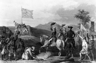 French and Indian War. Washington Raising the British Flag at Fort Duquesne, 1758