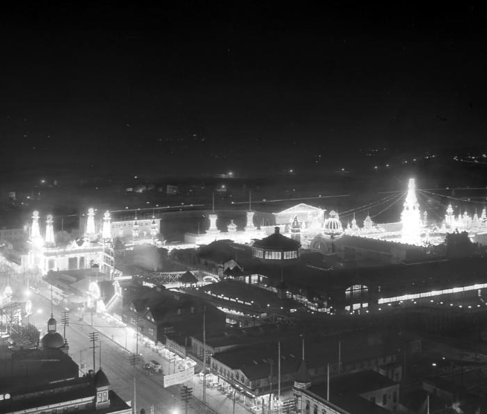 Luna Park, Coney Island at night from elevation