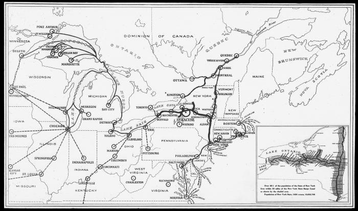 Map Showing Scope of Shipping Operation over the Inland Waterways of the Eastern United States and Canada, Tributary to the N. Y. State Barge Canal