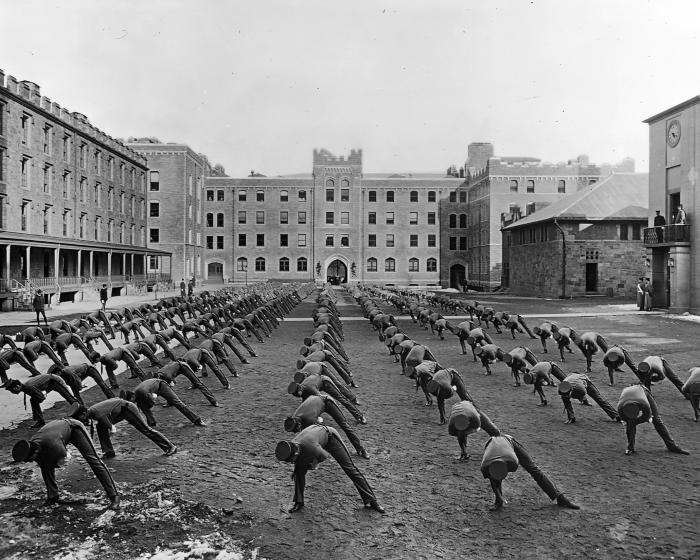 Setting up exercises in barracks area, U.S. Military Academy, West Point