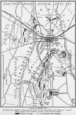 Civil War. Map of Gettysburg Attacks on First and Second Day