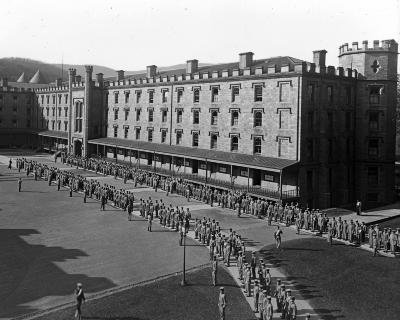 Barracks, class formation in area, U. S. Military Academy