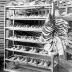 Shoemaking: Shoe rack with parts assembled. Endicott Johnson plant, Endicott NY.