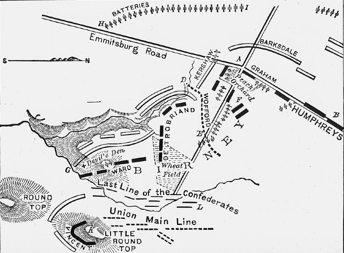 Civil War. Map of Confederate Attack at Gettysburg on July 2, 1863