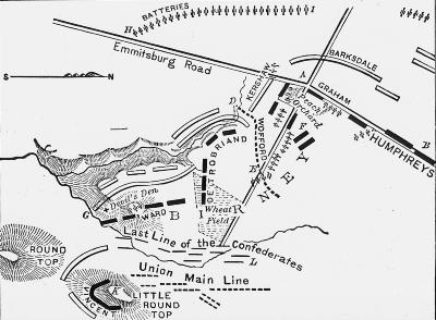 Civil War. Map of Confederate Attack at Gettysburg on July 2, 1863