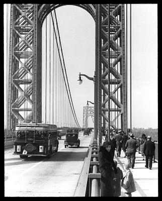 New York City. Traffic And Pedestrians Crossing The George Washington Bridge.