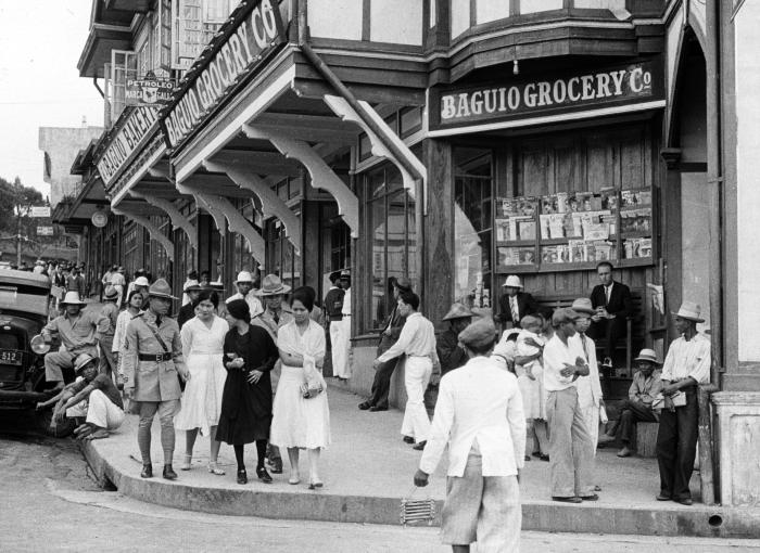 Philippine Islands.  Luzon.  Baguio.  Busy Street Corner, Stores