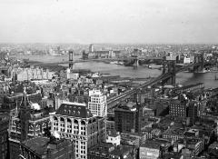 New York City. View Northeast of Manhattan and Brooklyn Bridges.