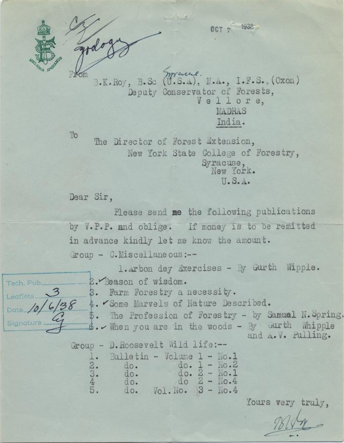 Letter from B. K. Roy, Deputy Conservator of Forests, India to the Director of Forest Extension, New York State College of Forestry