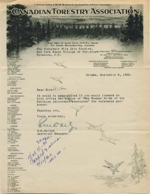 Letter to Roosevelt Wild Life Station from Canadian Forestry Association