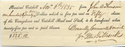 Receipt for Canajoharie and Catskill Railroad stock