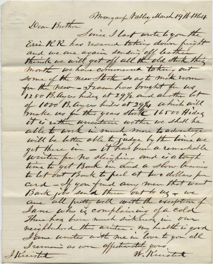 Letter from Wynkoop Kiersted to John Kiersted Jr. regarding difficulties in getting hemlock bark