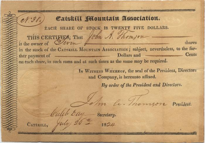 Catskill Mountain House Association stock certificate